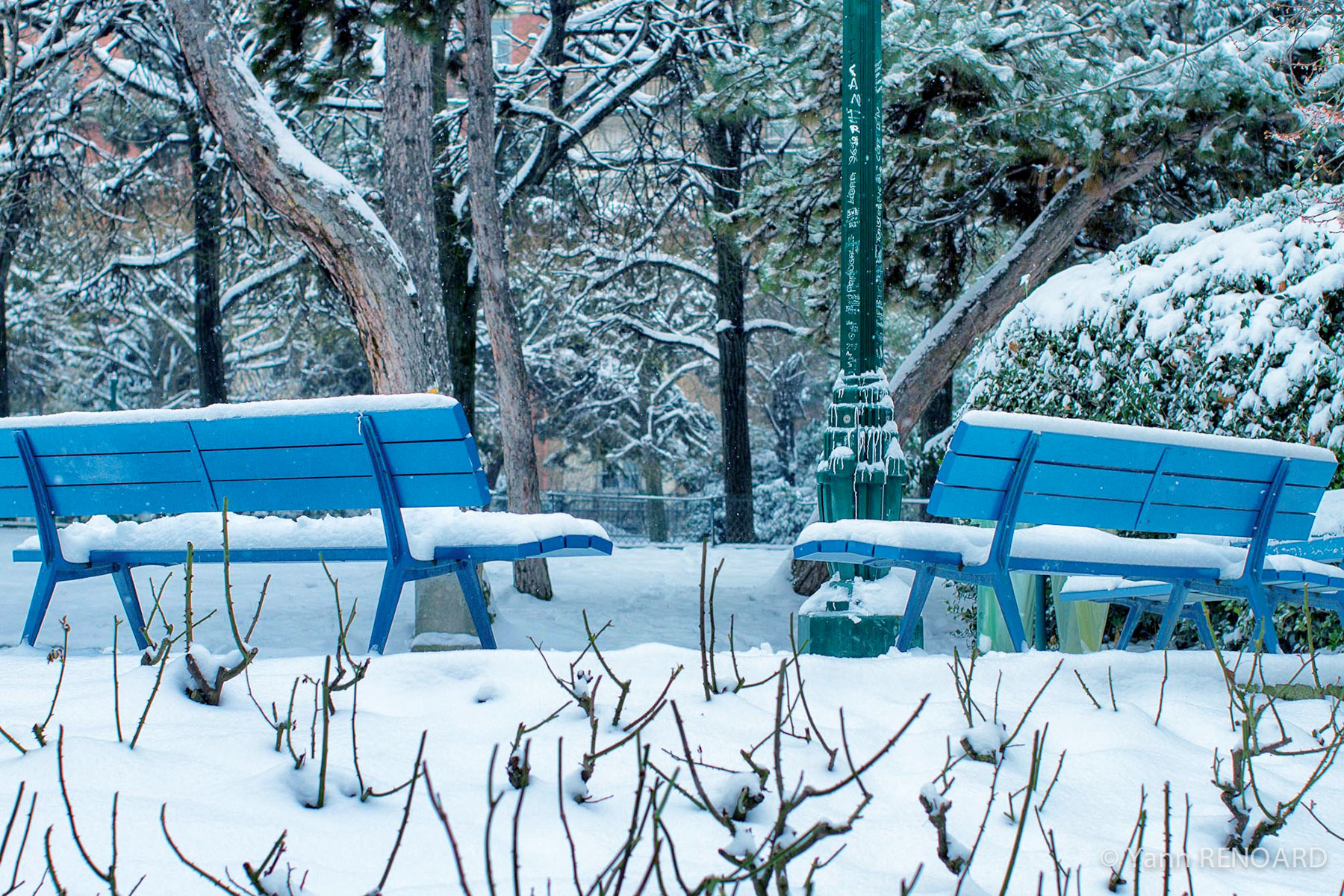 Bancs dans un square enneigé à Paris